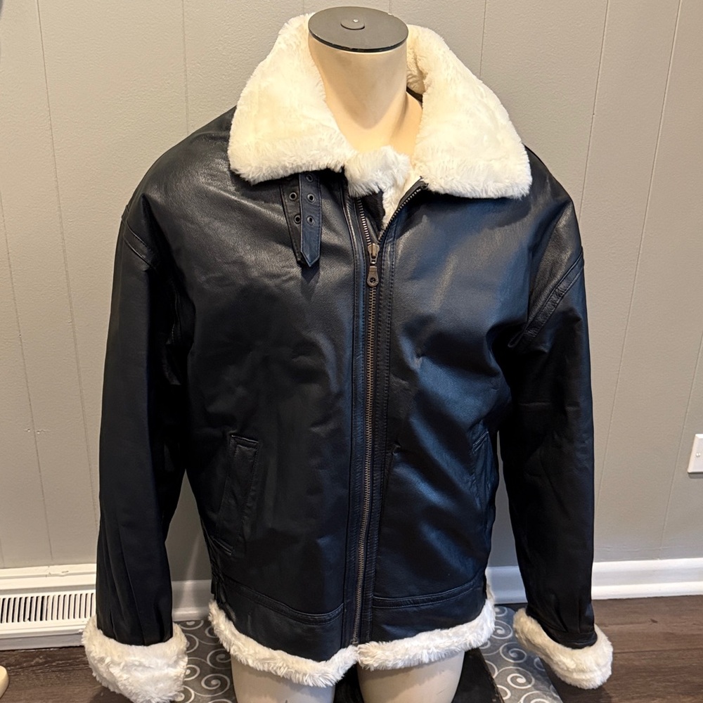 B18 American Leather Men's Medium Leather Bomber Jacket with White Trim